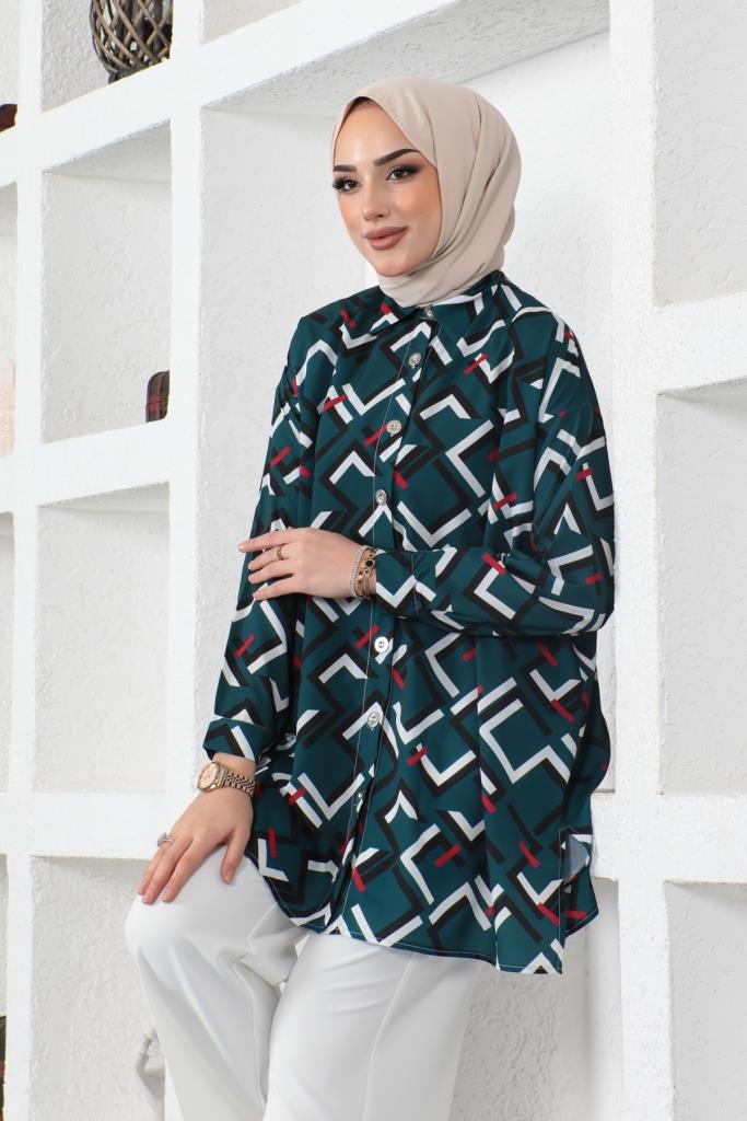 BNG Women Patterned Hijab Shirt Emerald Green - Clermont