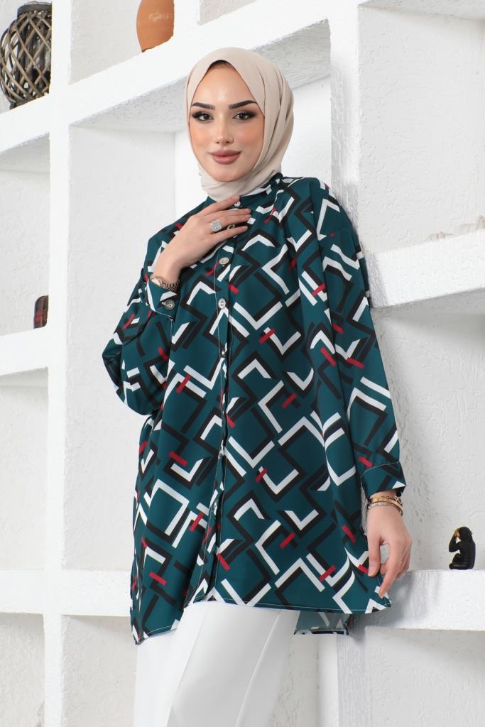 BNG Women Patterned Hijab Shirt Emerald Green - Clermont