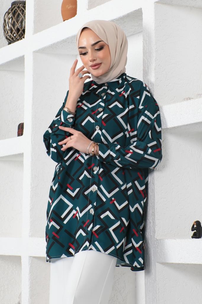 BNG Women Patterned Hijab Shirt Emerald Green - Clermont