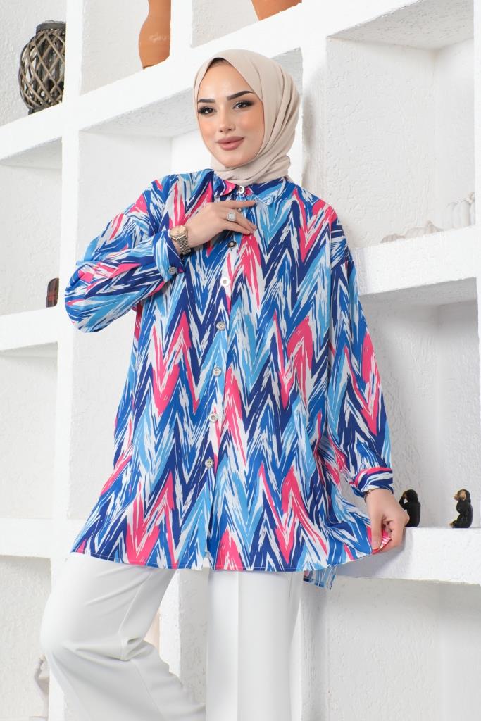 BNG Women Patterned Hijab Shirt Sax Blue - Clermont