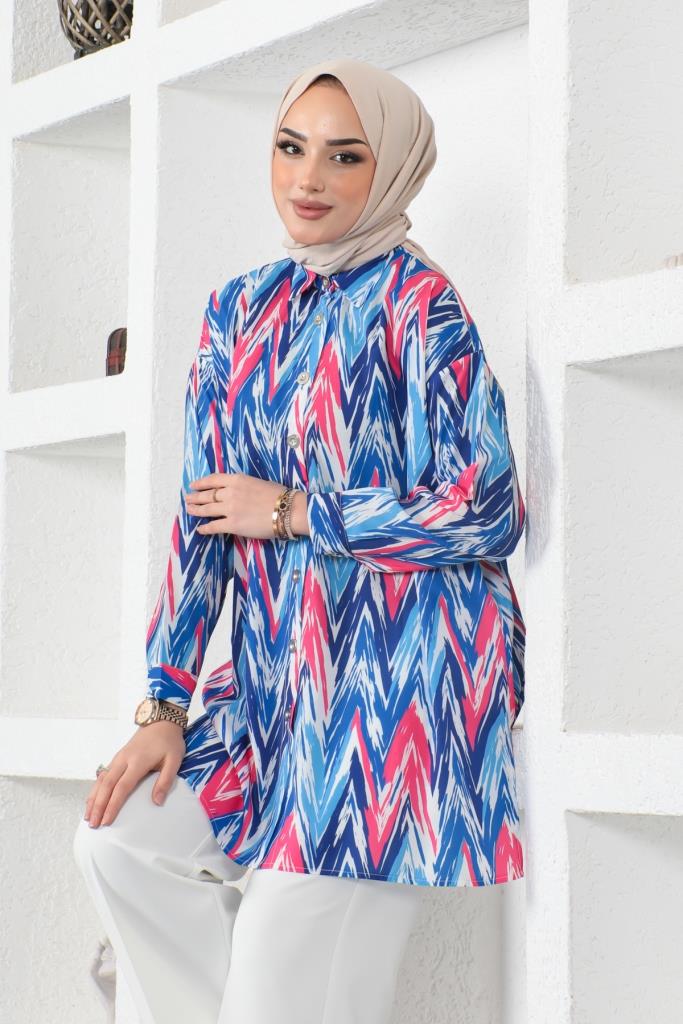 BNG Women Patterned Hijab Shirt Sax Blue - Clermont