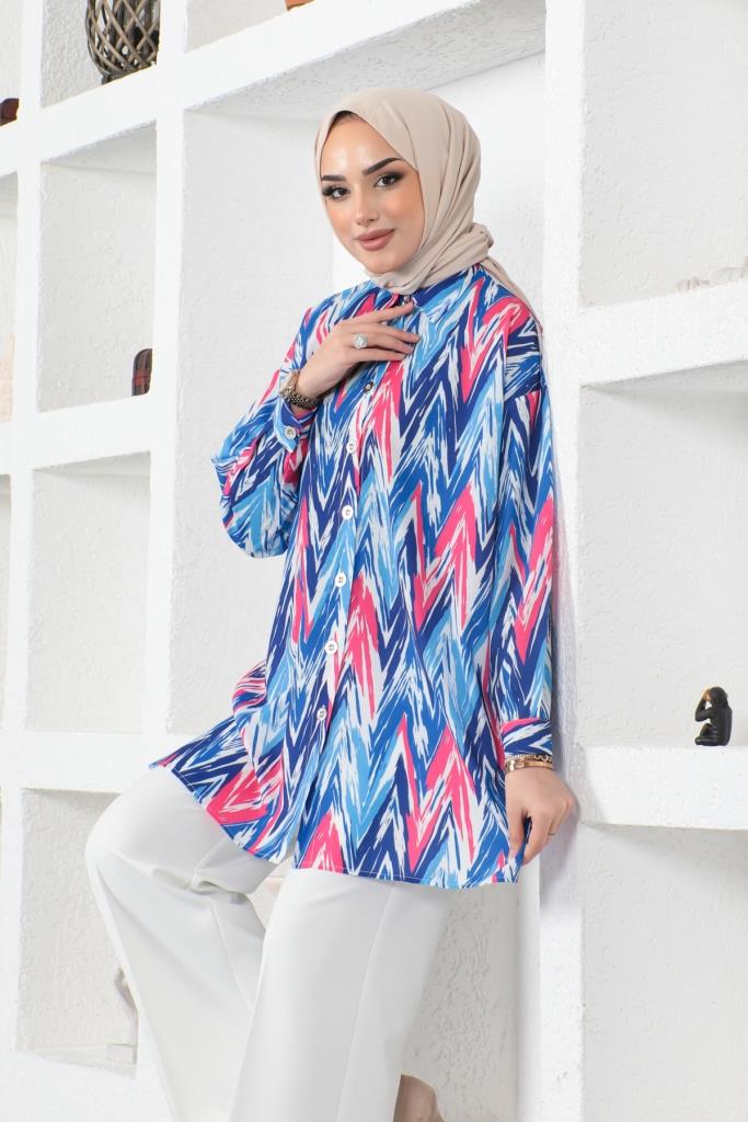 BNG Women Patterned Hijab Shirt Sax Blue - Clermont