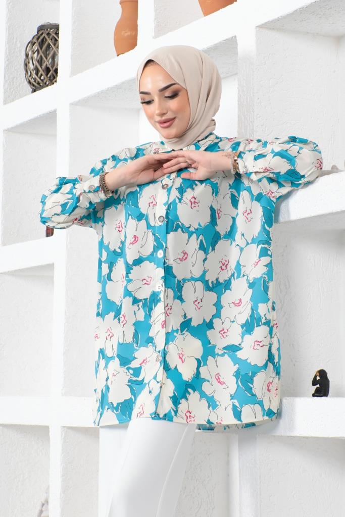 BNG Women Patterned Hijab Shirt Turquoise - Clermont