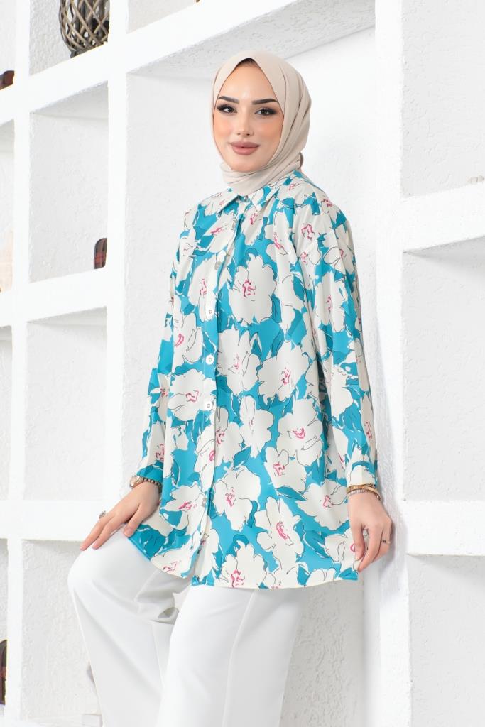 BNG Women Patterned Hijab Shirt Turquoise - Clermont