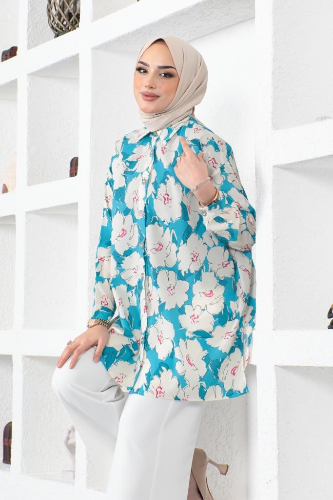 BNG Women Patterned Hijab Shirt Turquoise - Clermont