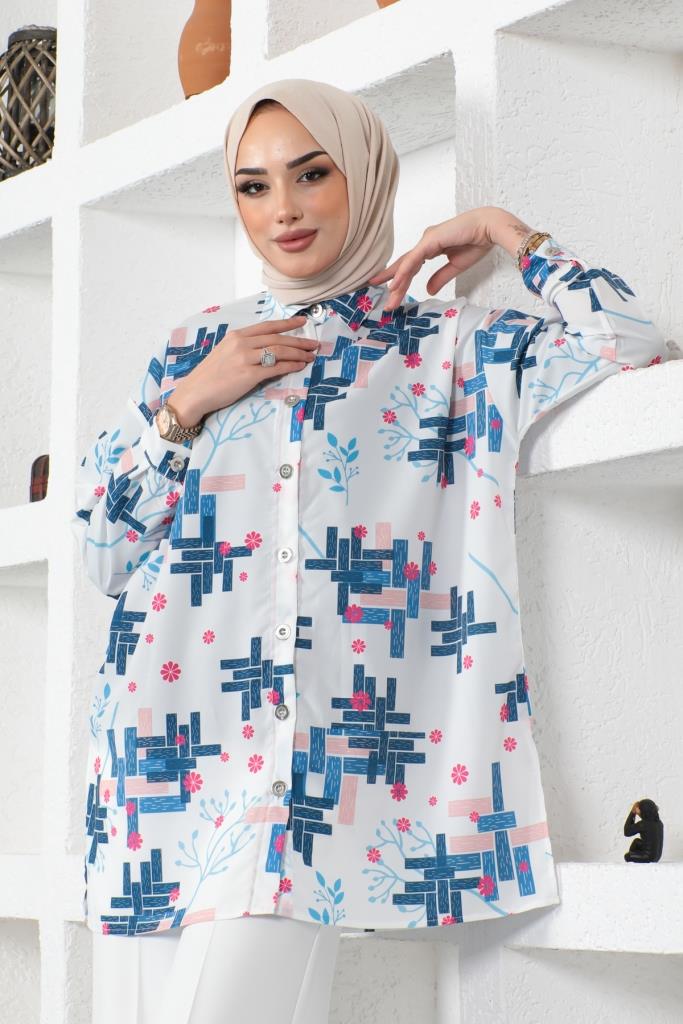 BNG Women Patterned Hijab Shirt Indigo - Clermont