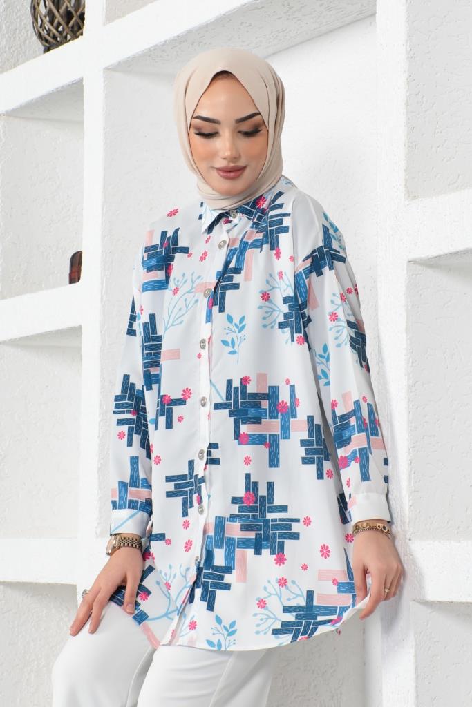 BNG Women Patterned Hijab Shirt Indigo - Clermont