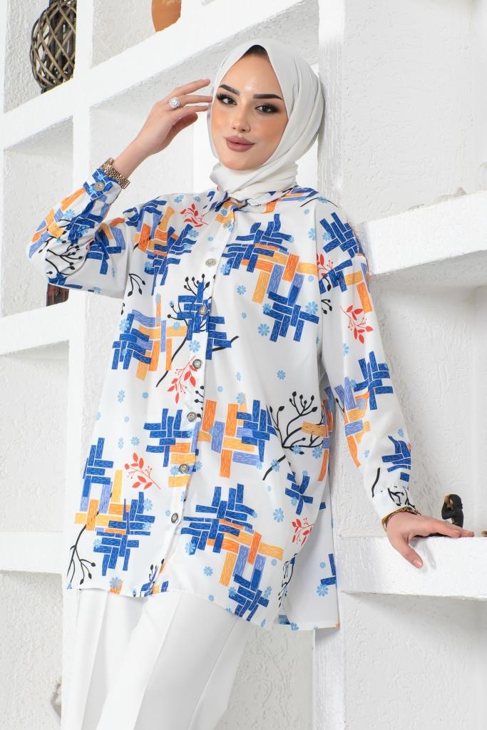 BNG Women Patterned Hijab Shirt Sax Blue - Clermont