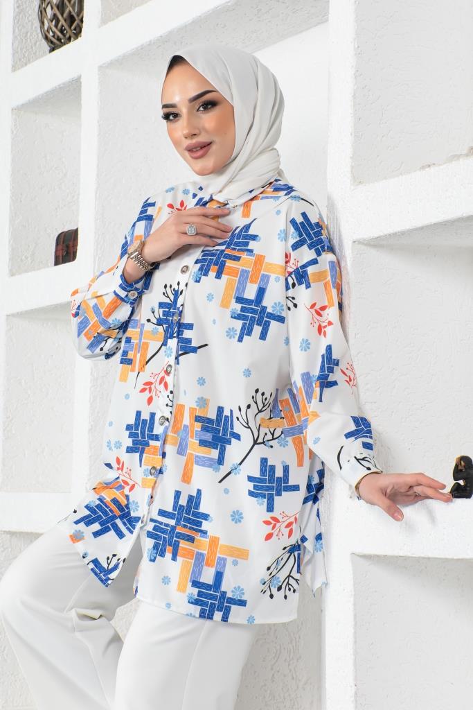 BNG Women Patterned Hijab Shirt Sax Blue - Clermont