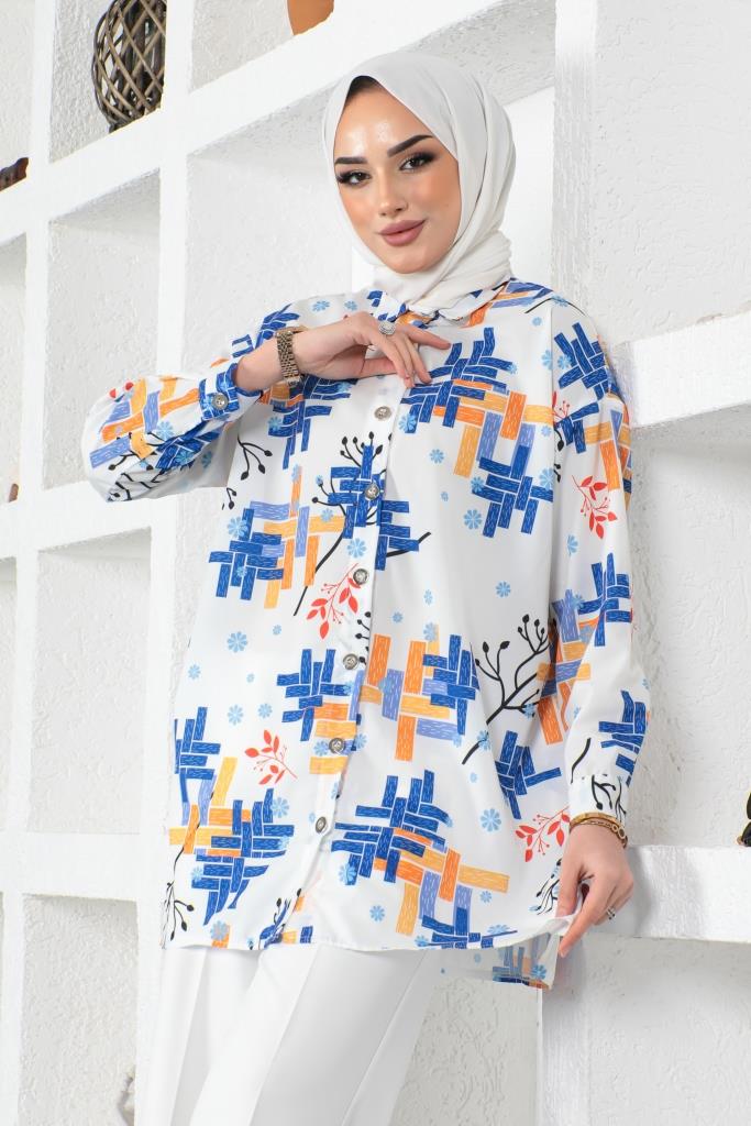 BNG Women Patterned Hijab Shirt Sax Blue - Clermont