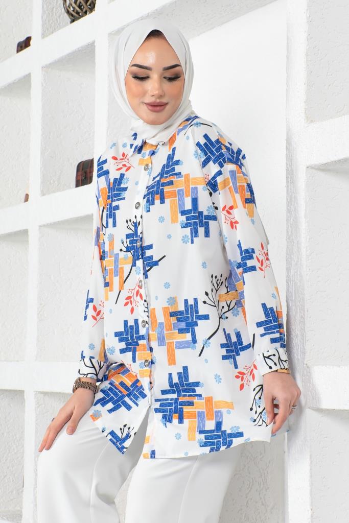 BNG Women Patterned Hijab Shirt Sax Blue - Clermont