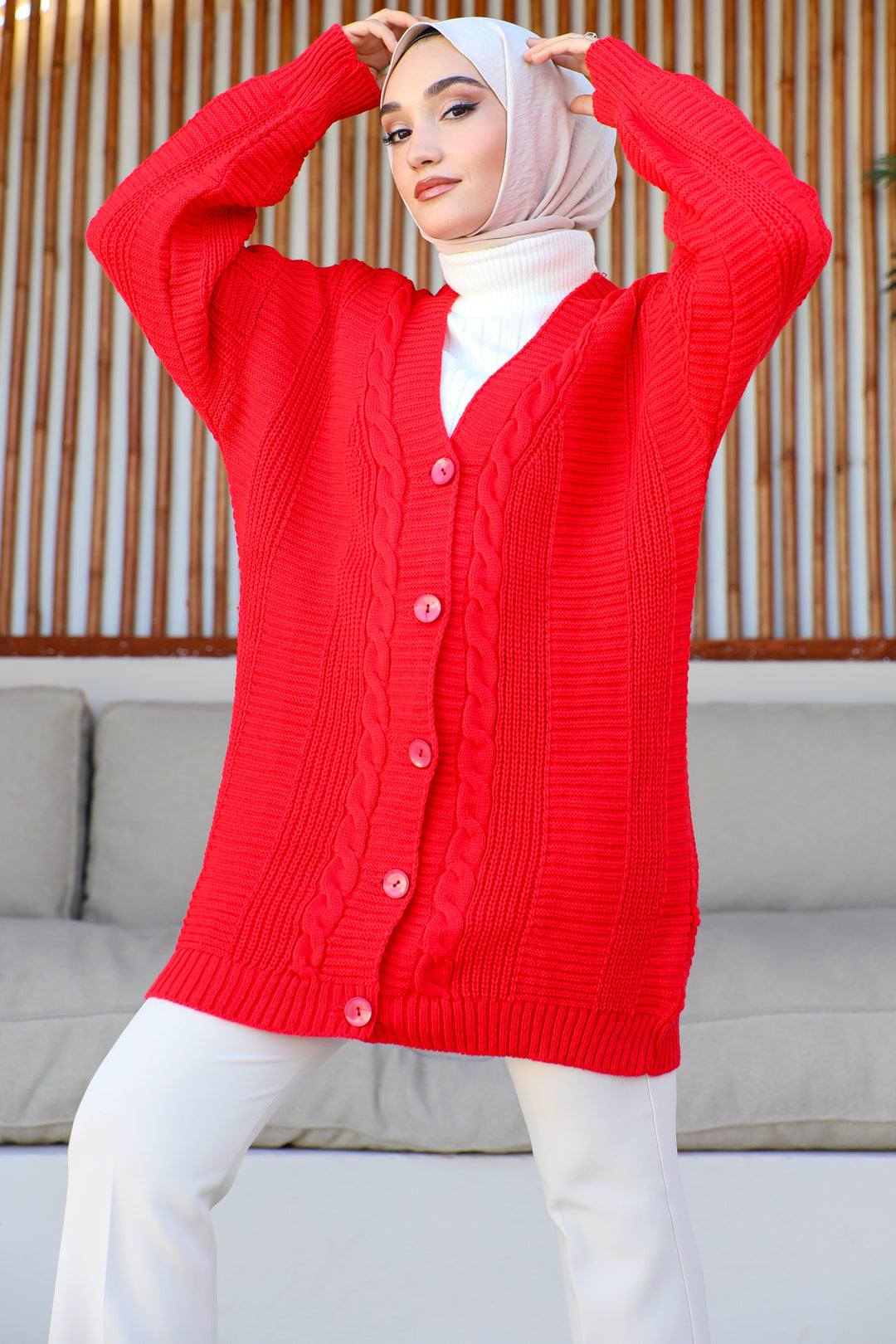 BNG Women Red Cardigan with Knitted Pattern and Front Buttons - Clermont