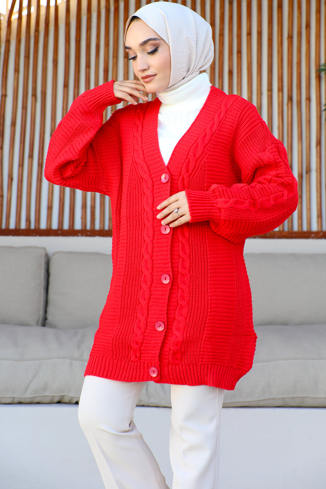 BNG Women Red Cardigan with Knitted Pattern and Front Buttons - Clermont