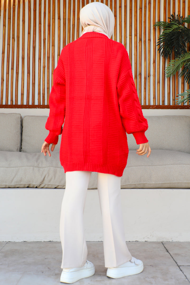 BNG Women Red Cardigan with Knitted Pattern and Front Buttons - Clermont