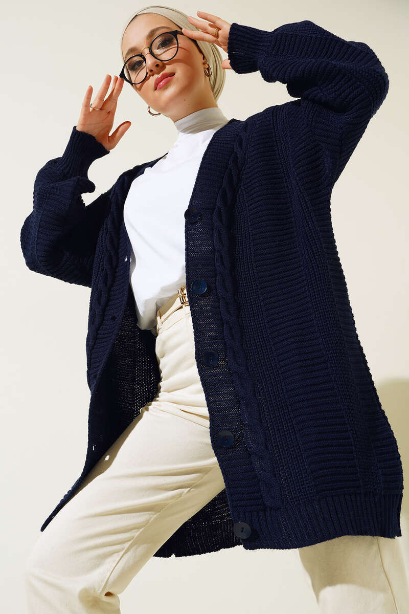 BNG Women Navy Cardigan with Knitted Pattern and Front Buttons - Clermont