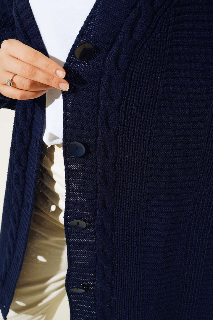 BNG Women Navy Cardigan with Knitted Pattern and Front Buttons - Clermont