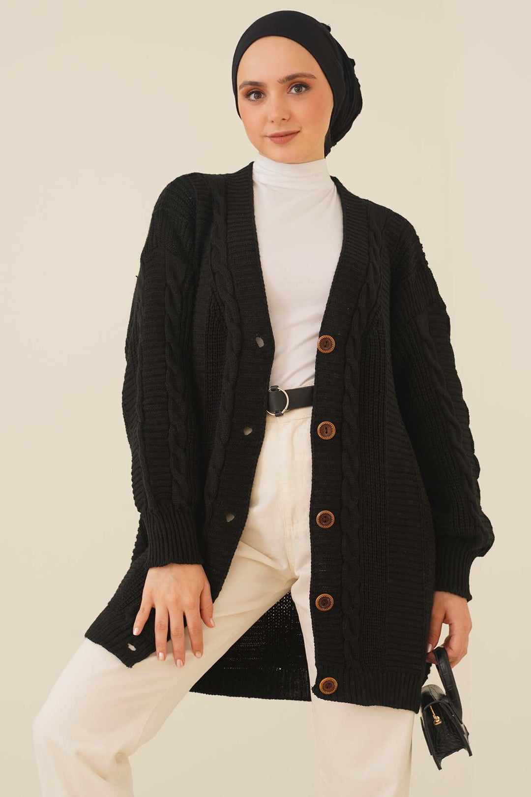 BNG Women Black Cardigan with Knitted Pattern and Front Buttons - Clermont