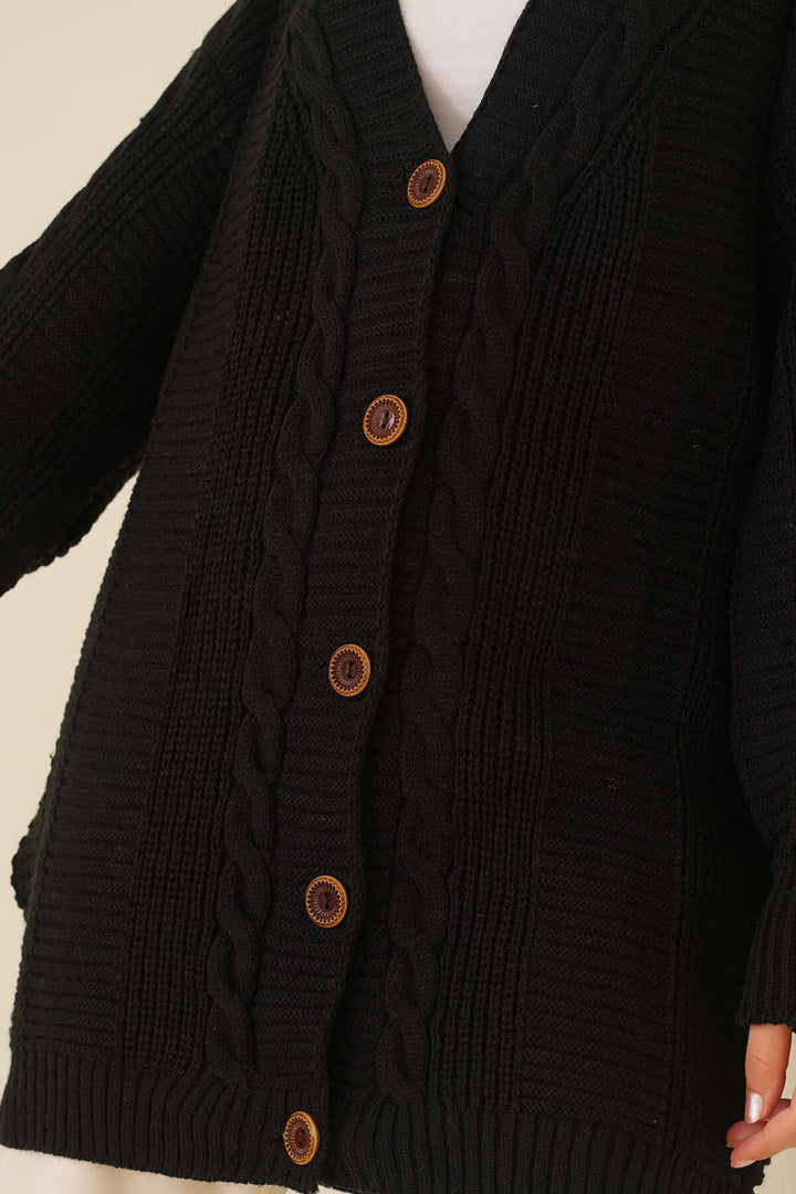 BNG Women Black Cardigan with Knitted Pattern and Front Buttons - Clermont