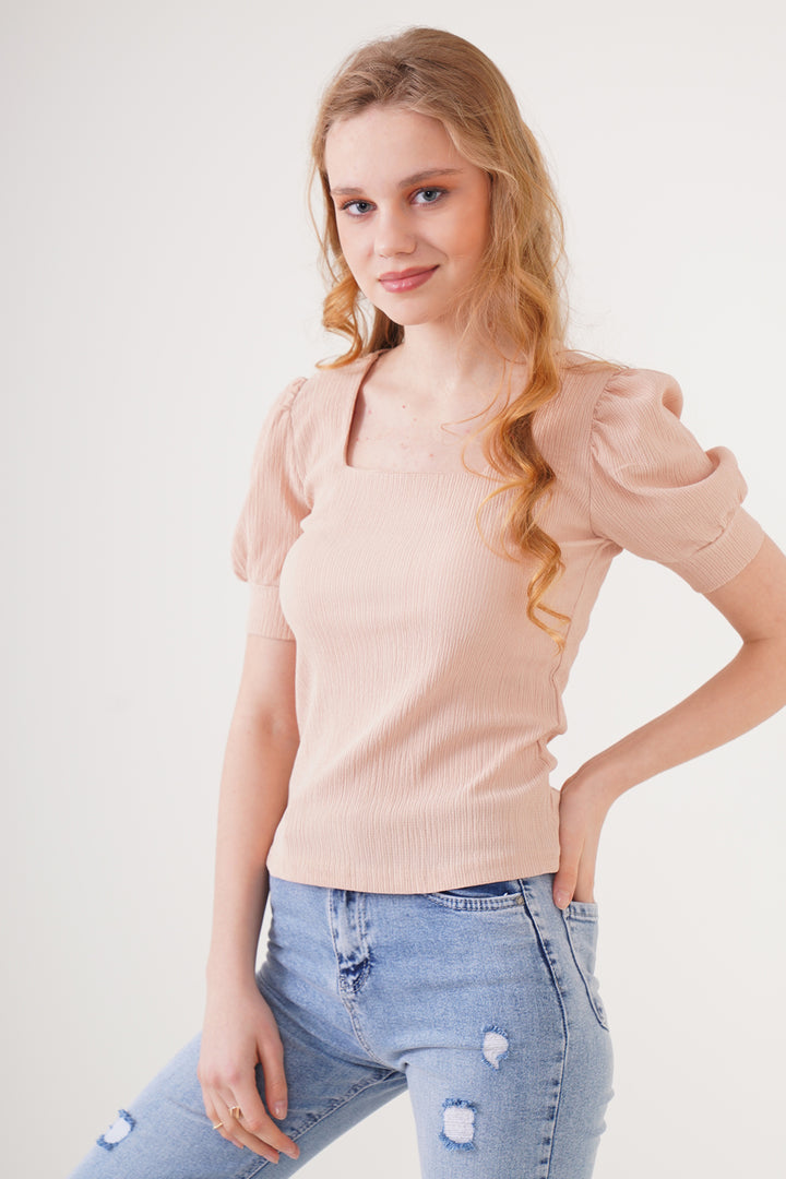 BGD Women Square Neck Knitted Blouse - Biscuit - Avondale