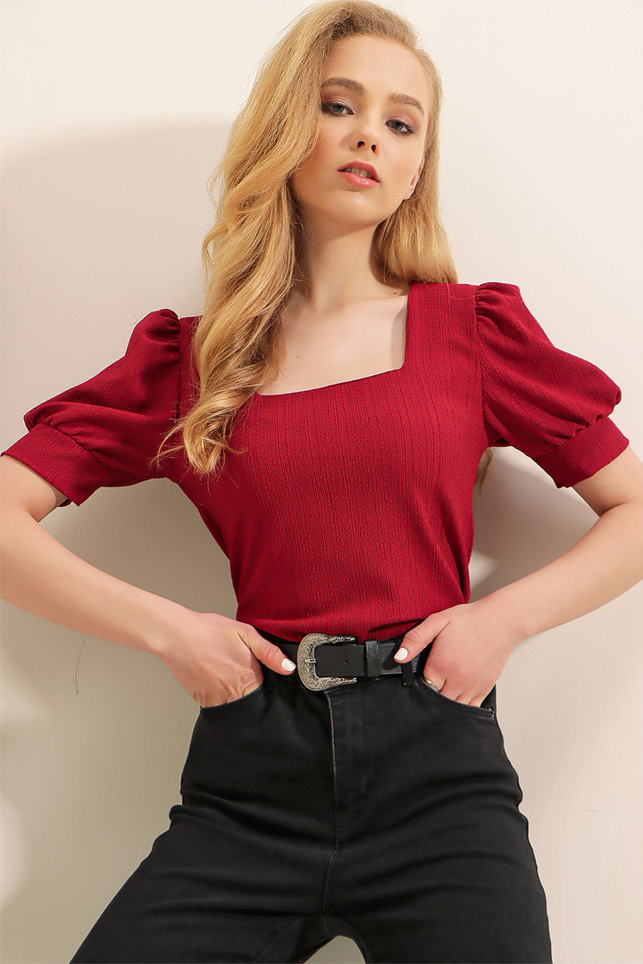 BGD Women Square Neck Knitted Blouse - Burgundy - Avondale