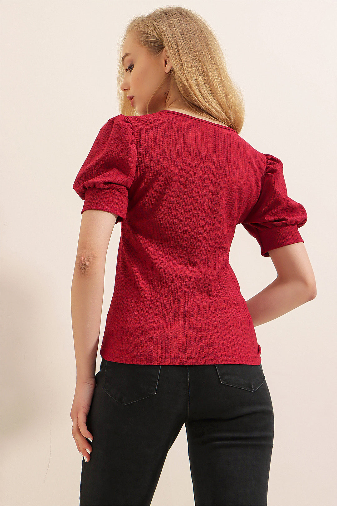 BGD Women Square Neck Knitted Blouse - Burgundy - Avondale