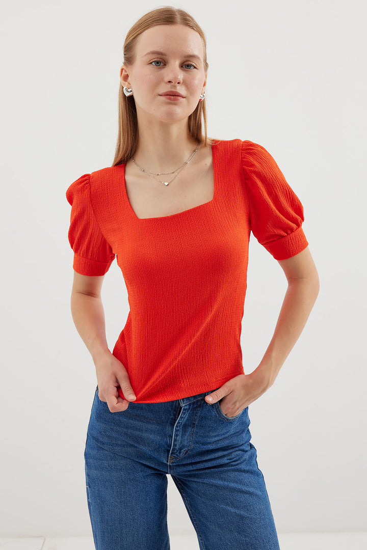 BGD Women Square Neck Knitted Blouse - Orange - Avondale