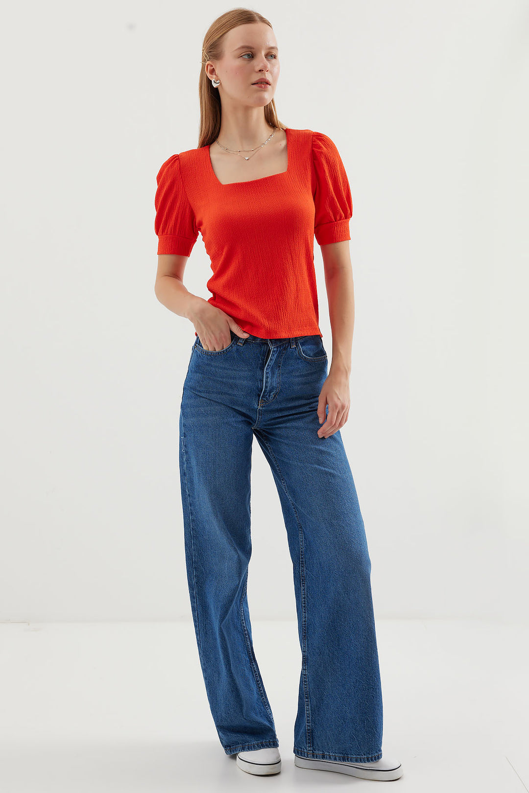 BGD Women Square Neck Knitted Blouse - Orange - Avondale