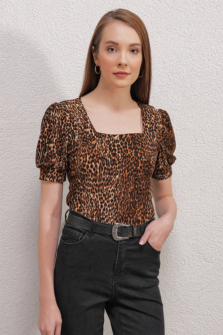 BGD Women Square Neck Knitted Blouse - Dark Brown - Avondale