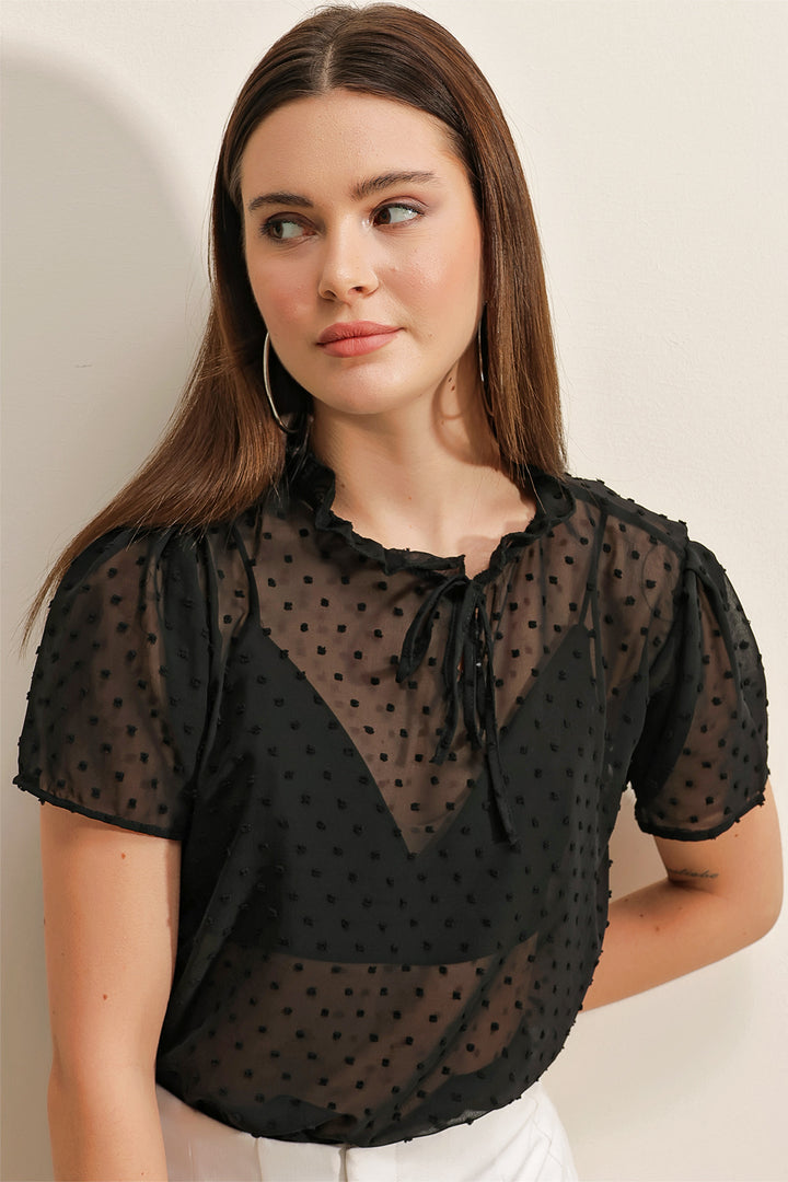 BGD Women Short Sleeve Chiffon Blouse - Black - Avondale