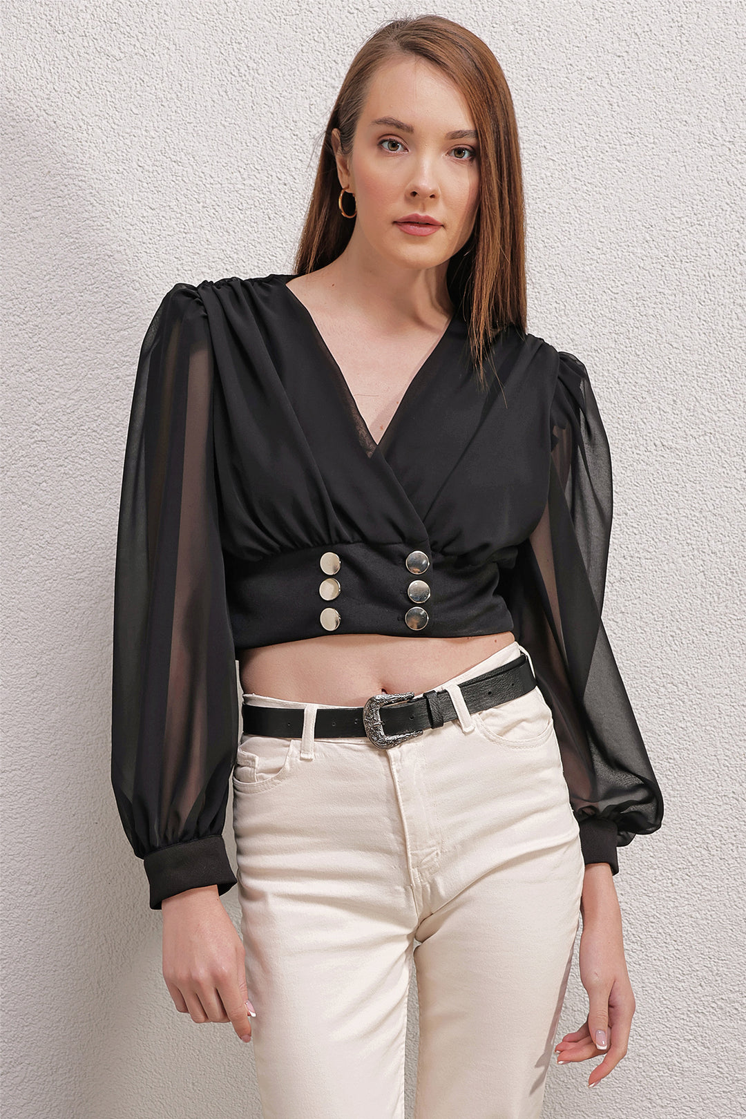 BGD Women Balloon Sleeve Crop Blouse - Black - Avondale