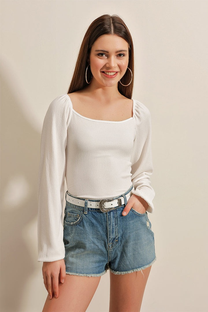 BGD Women Balloon Sleeve Knit Blouse - White - Avondale