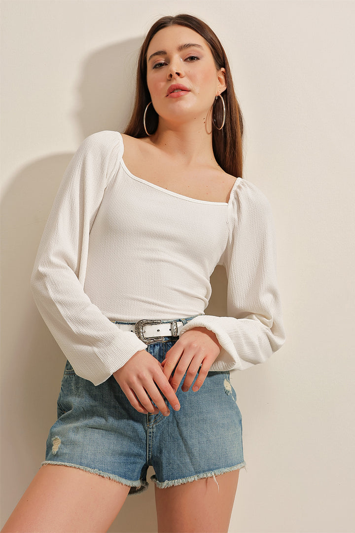 BGD Women Balloon Sleeve Knit Blouse - White - Avondale