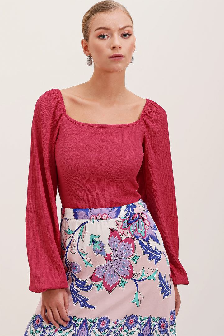 BGD Women Balloon Sleeve Knitted Blouse - Fuchsia - Avondale