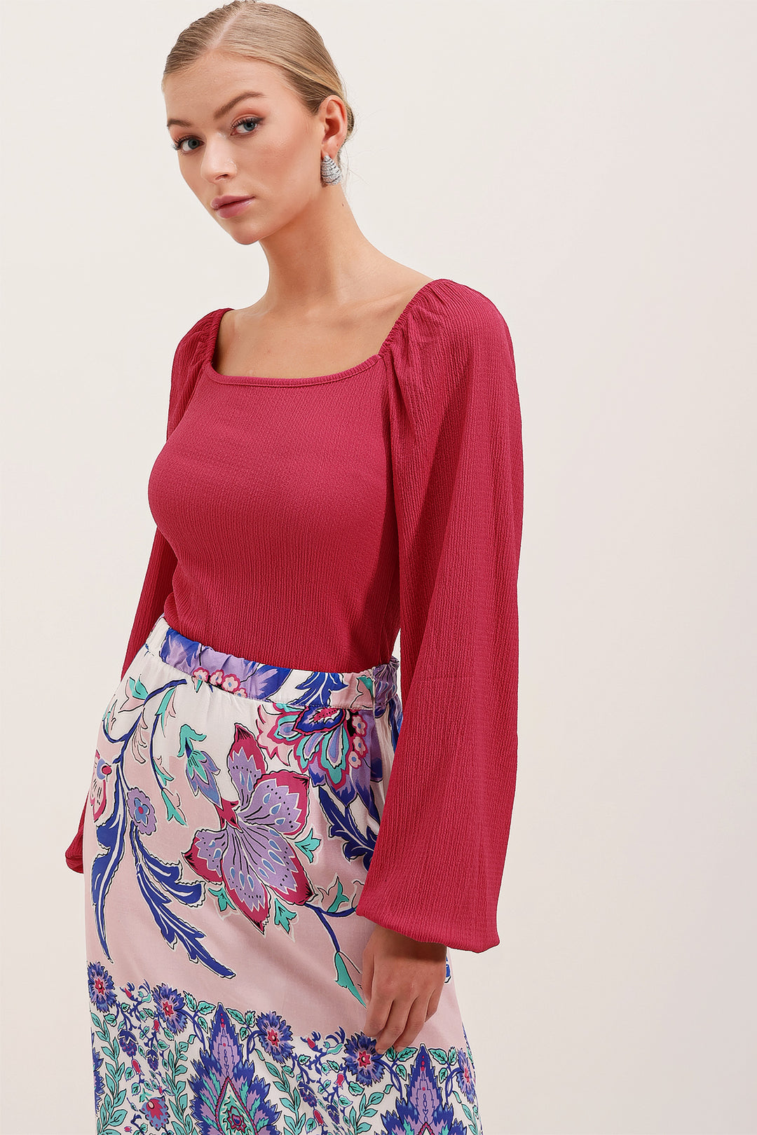 BGD Women Balloon Sleeve Knitted Blouse - Fuchsia - Avondale