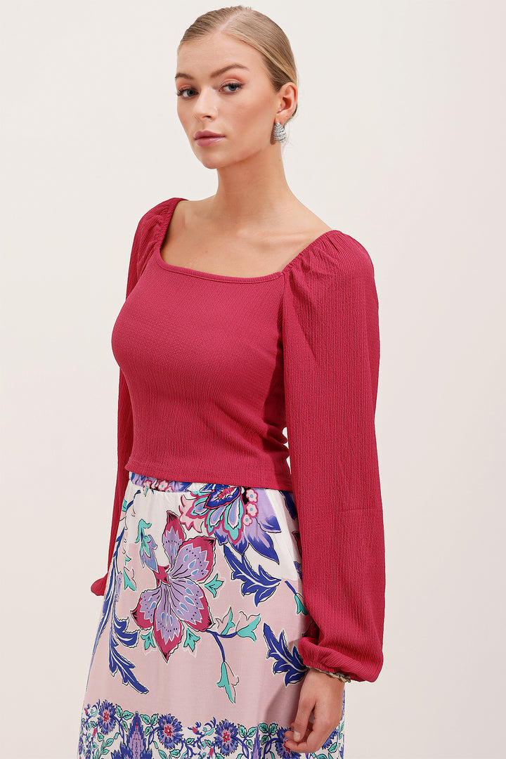 BGD Women Balloon Sleeve Knitted Blouse - Fuchsia - Avondale