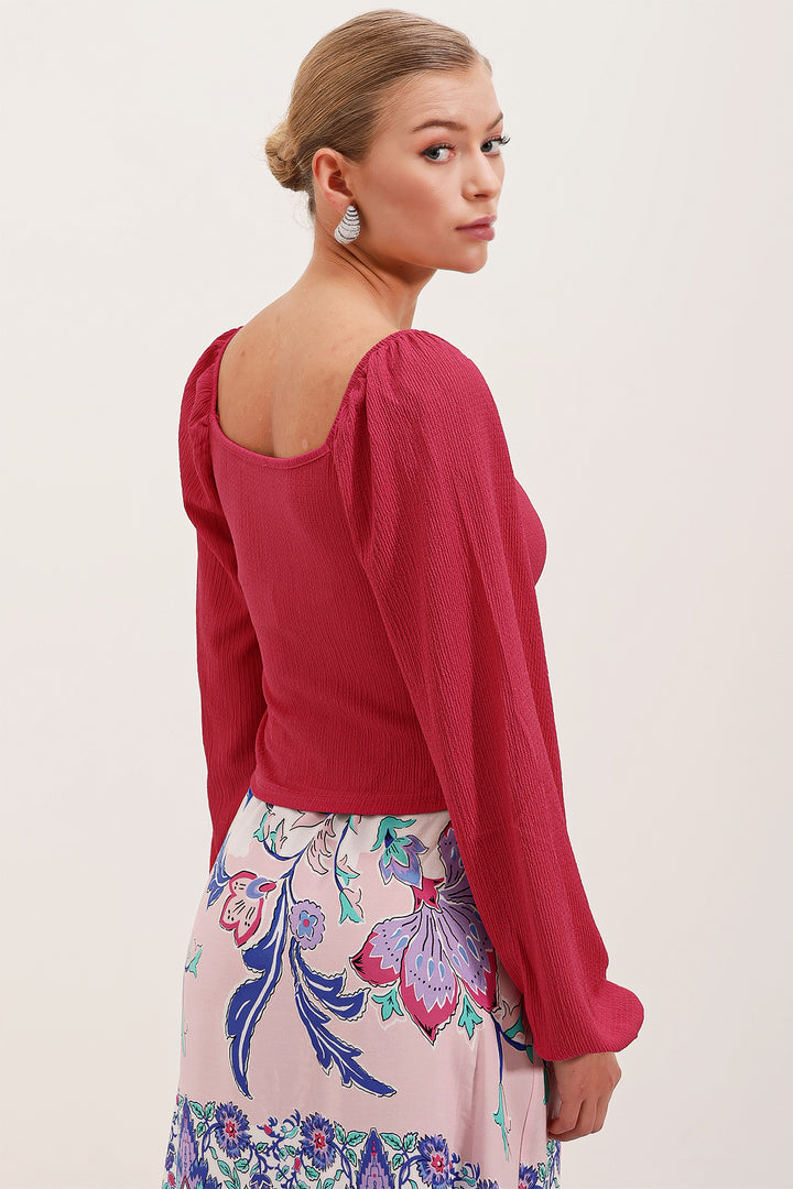 BGD Women Balloon Sleeve Knitted Blouse - Fuchsia - Avondale