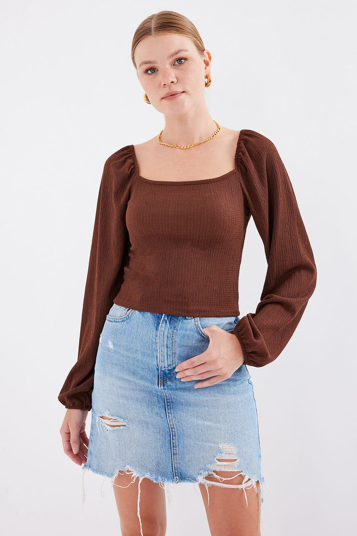 BGD Women Balloon Sleeve Knit Blouse - Brown - Avondale