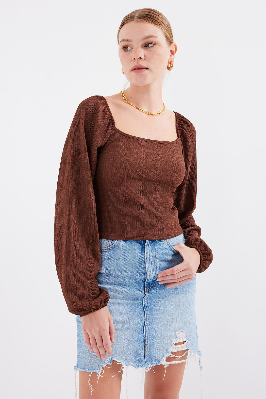 BGD Women Balloon Sleeve Knit Blouse - Brown - Avondale