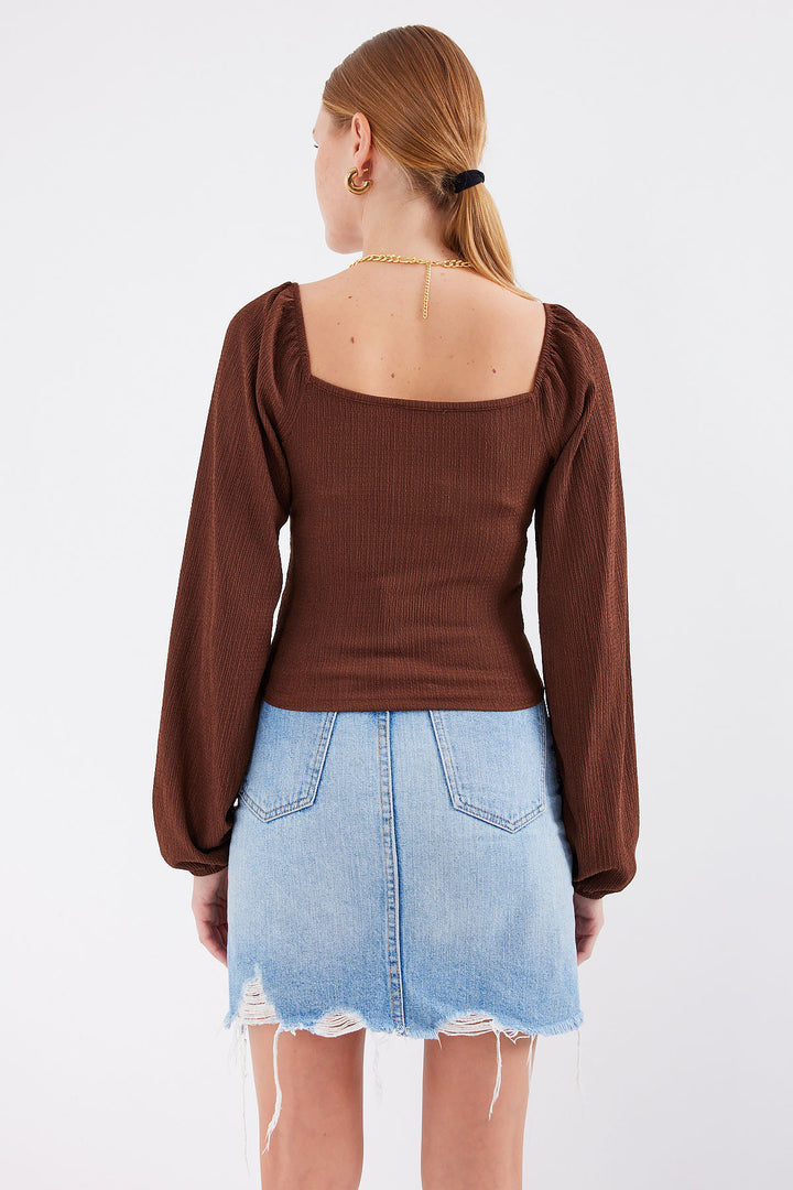 BGD Women Balloon Sleeve Knit Blouse - Brown - Avondale