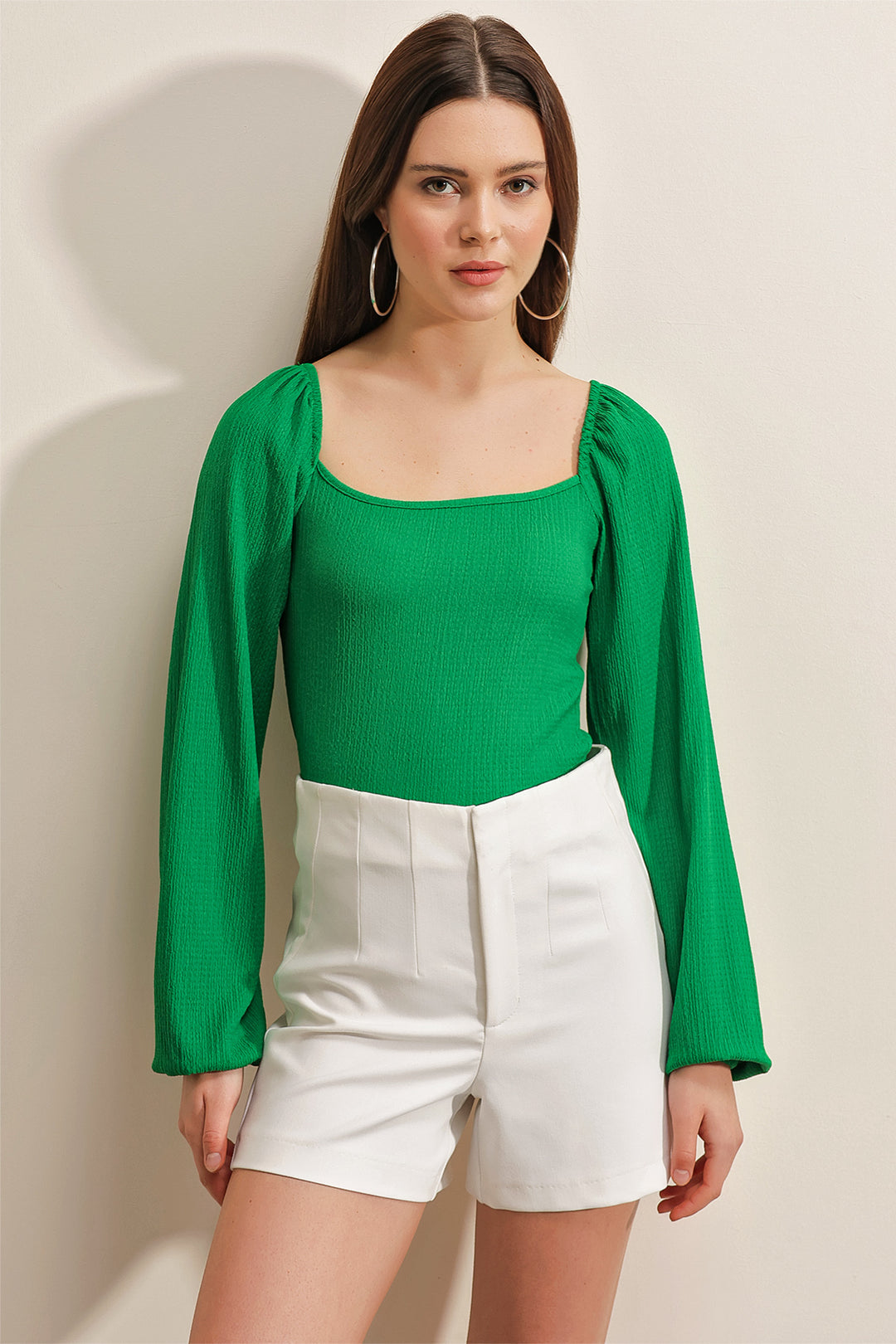 BGD Women Balloon Sleeve Knitted Blouse - Green - Avondale