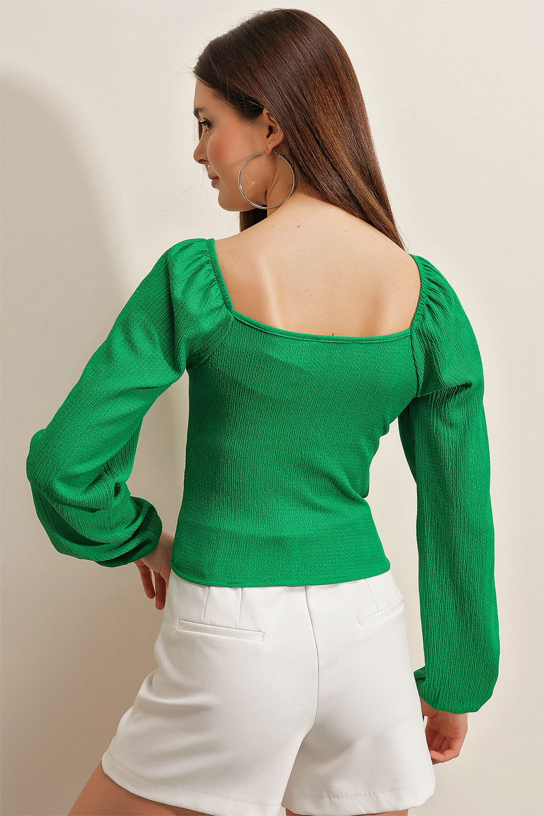 BGD Women Balloon Sleeve Knitted Blouse - Green - Avondale