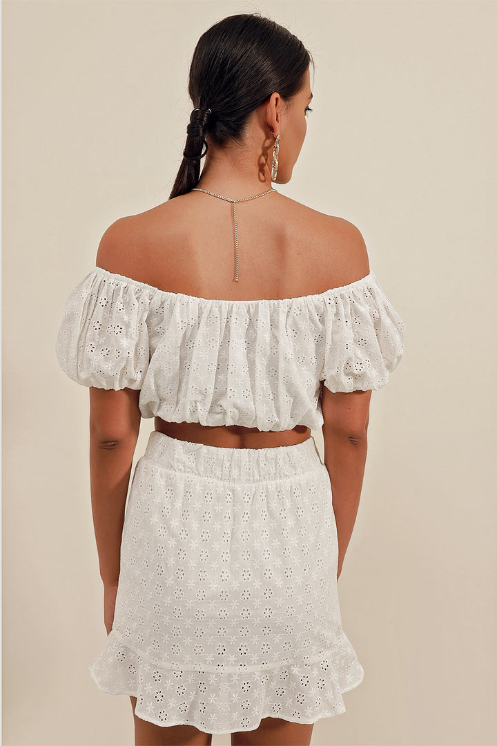 BGD Women Strapless Blouse with Ruffles - White - Avondale