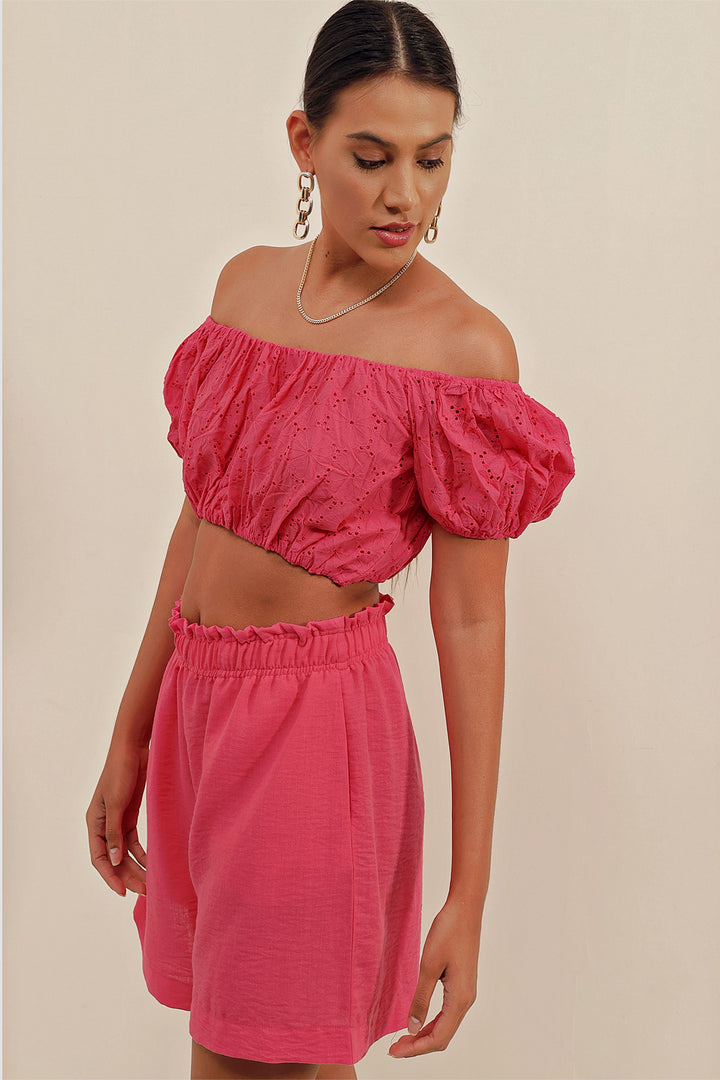 BGD Women Strapless Blouse with Ruffles - Fuchsia - Avondale