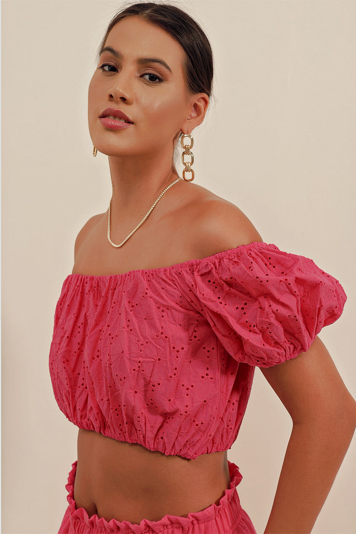 BGD Women Strapless Blouse with Ruffles - Fuchsia - Avondale