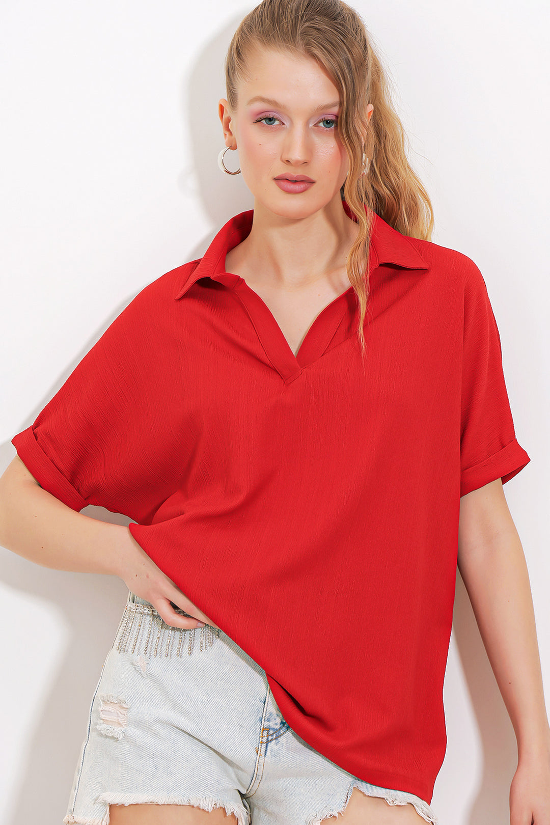 BGD Women Woman Red Oversized Polo Neck Knit Blouse 0486 - Avondale