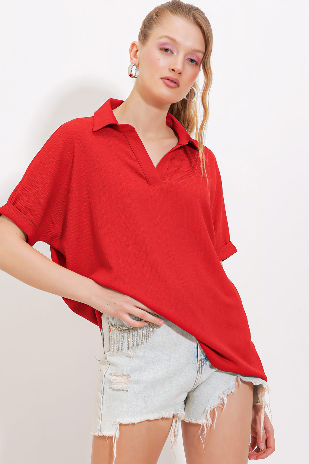 BGD Women Woman Red Oversized Polo Neck Knit Blouse 0486 - Avondale