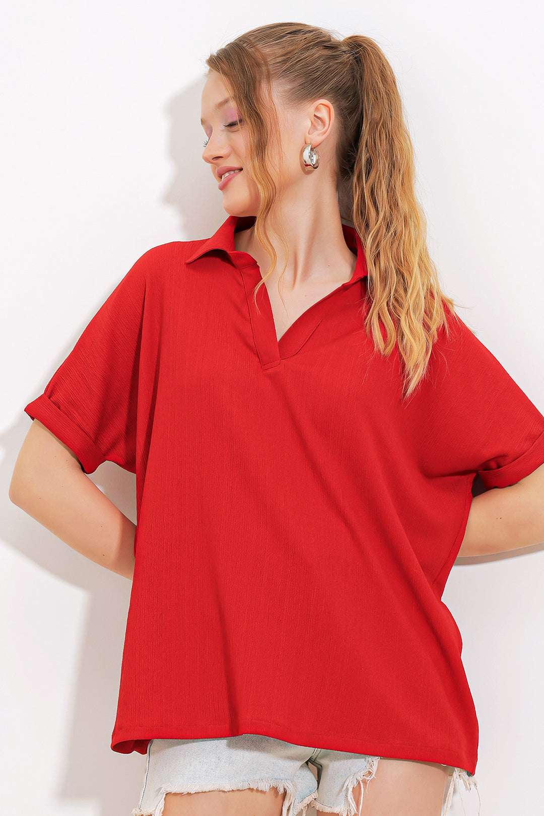 BGD Women Woman Red Oversized Polo Neck Knit Blouse 0486 - Avondale