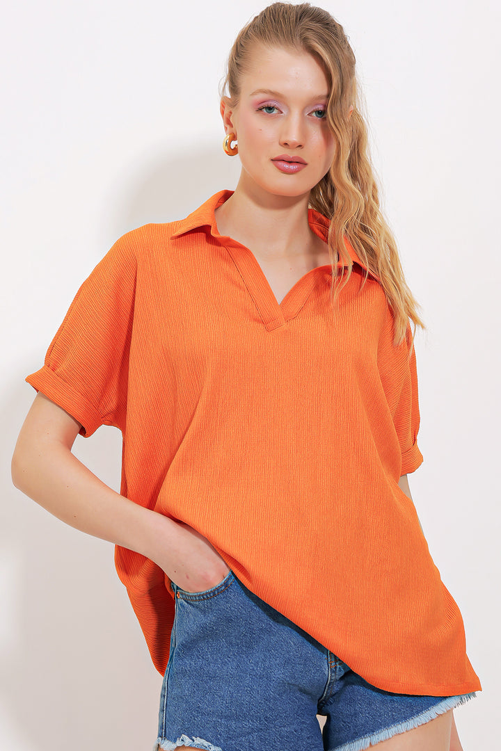 BGD Women Woman Orange Oversize Polo Neck Knitted Blouse 0486 - Avondale