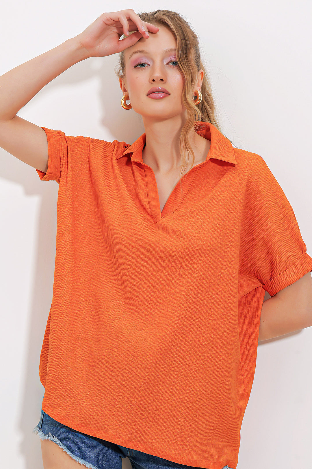 BGD Women Woman Orange Oversize Polo Neck Knitted Blouse 0486 - Avondale