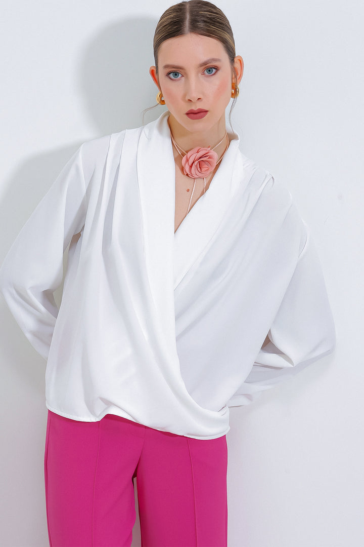 BGD Women Woman White Wrap Neck Draped Satin Blouse 0492 - Avondale